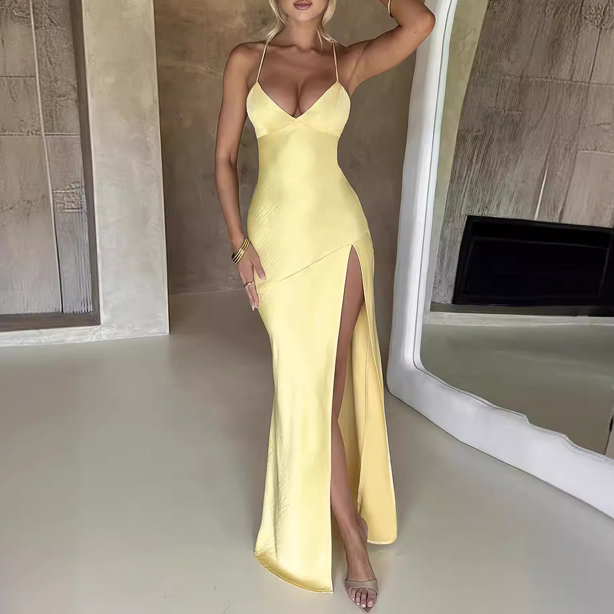 Women's Sexy Solid Color Sling Side Split Maxi Dress