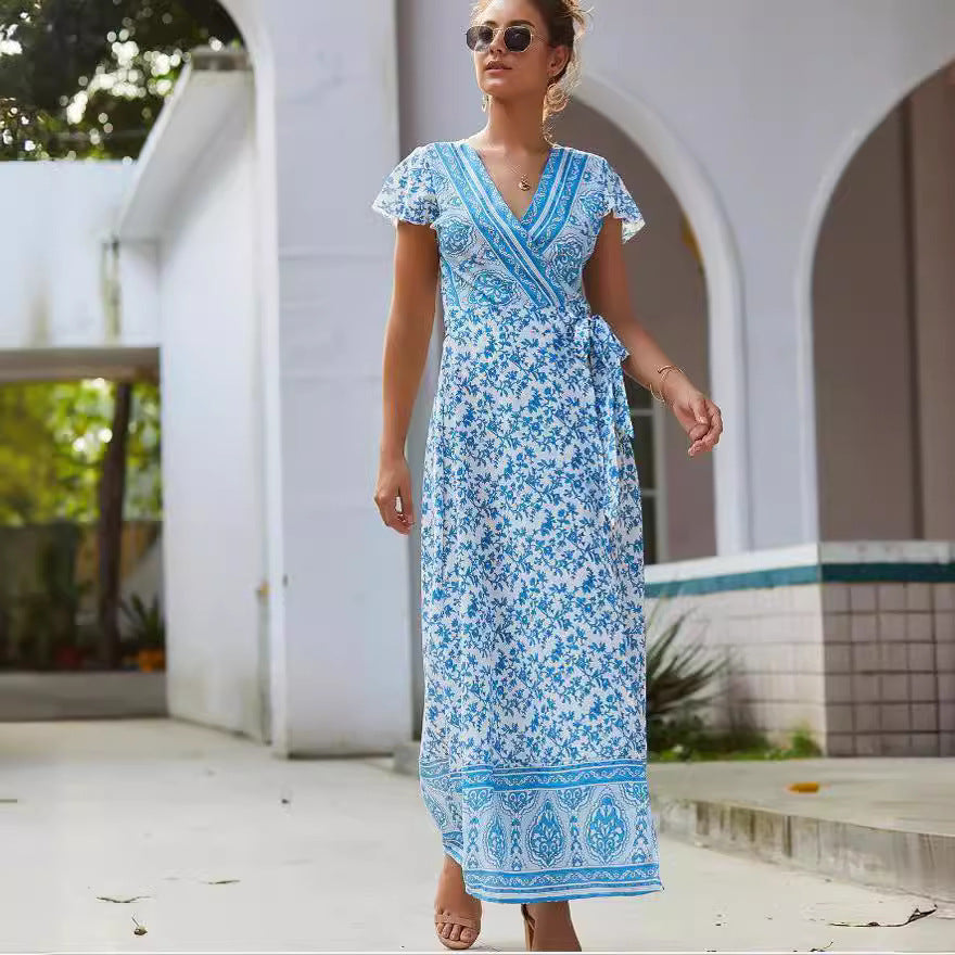 Women's Casual Boho Print V-Neck Short Sleeve Loose Dress