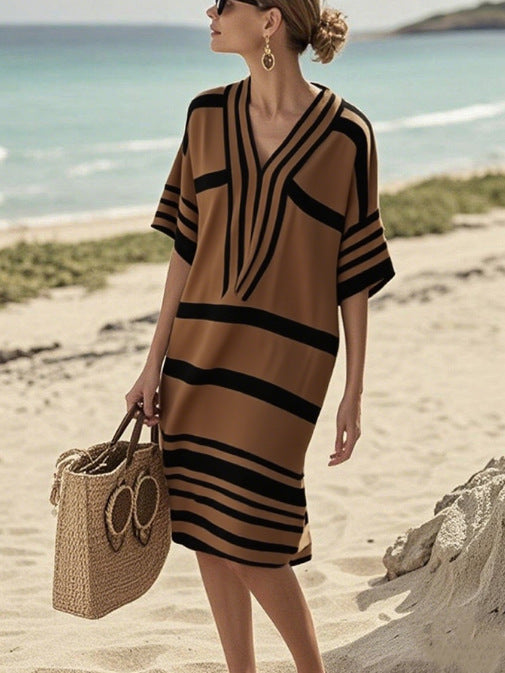 Women's Casual Vacation Digital Printed Stripe V-Neck Short Sleeve Midi Dress