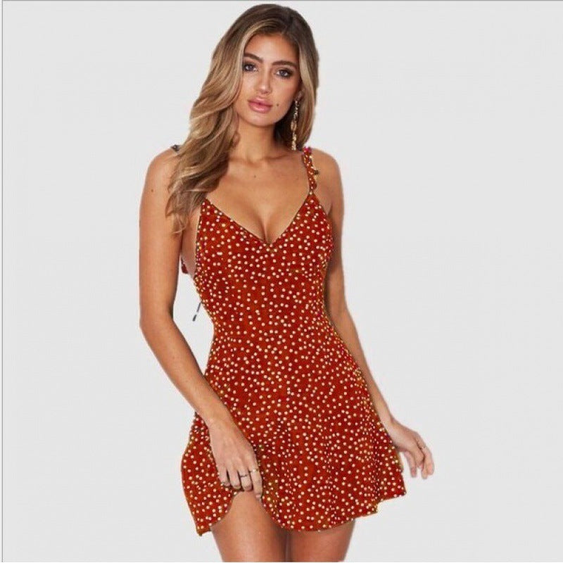 Women's Sexy Vacation Polka Dot Print Spaghetti Strap Backless Dress