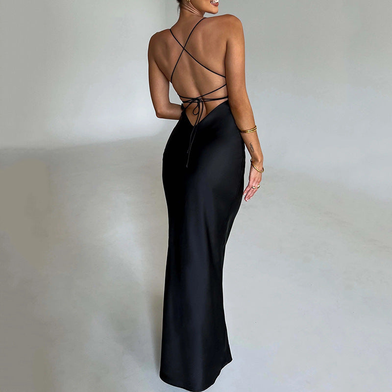 Women's Sexy Backless Spaghetti Strap Bandage Solid Satin Maxi Dress
