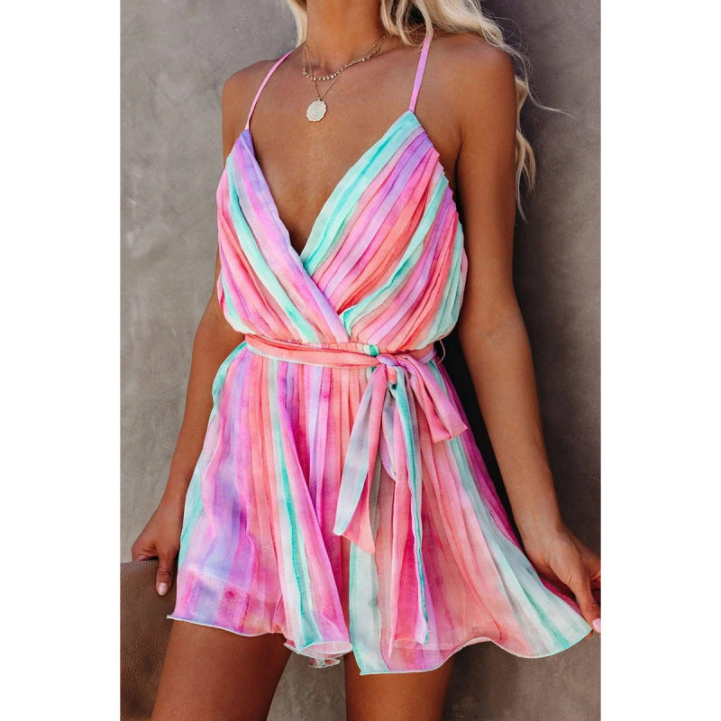 Women's Pleated Printing Chiffon Spaghetti Strap Dress