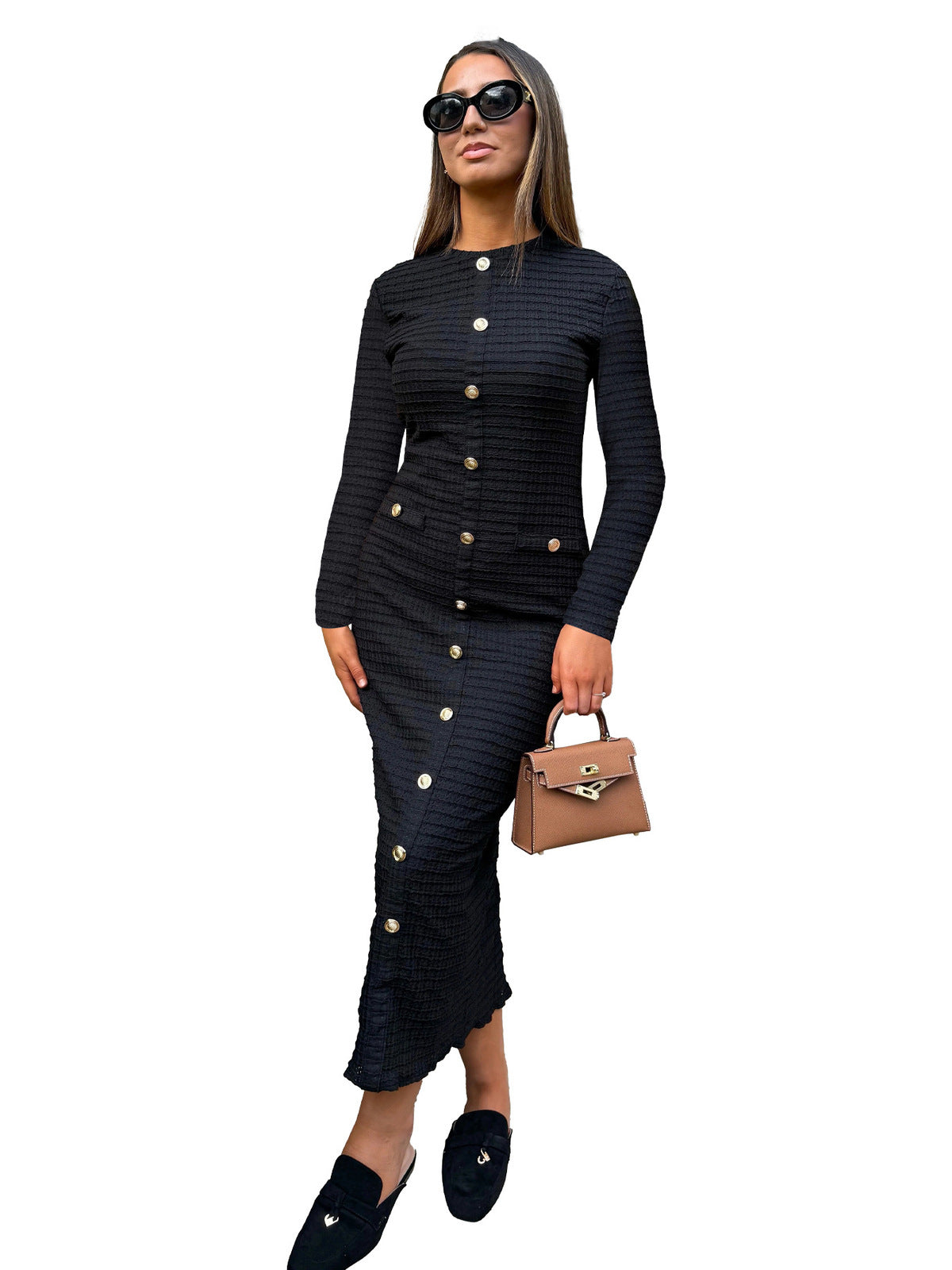 Women's Retro Round Neck Long Sleeve Button Slim Fit Knit Midi Dress