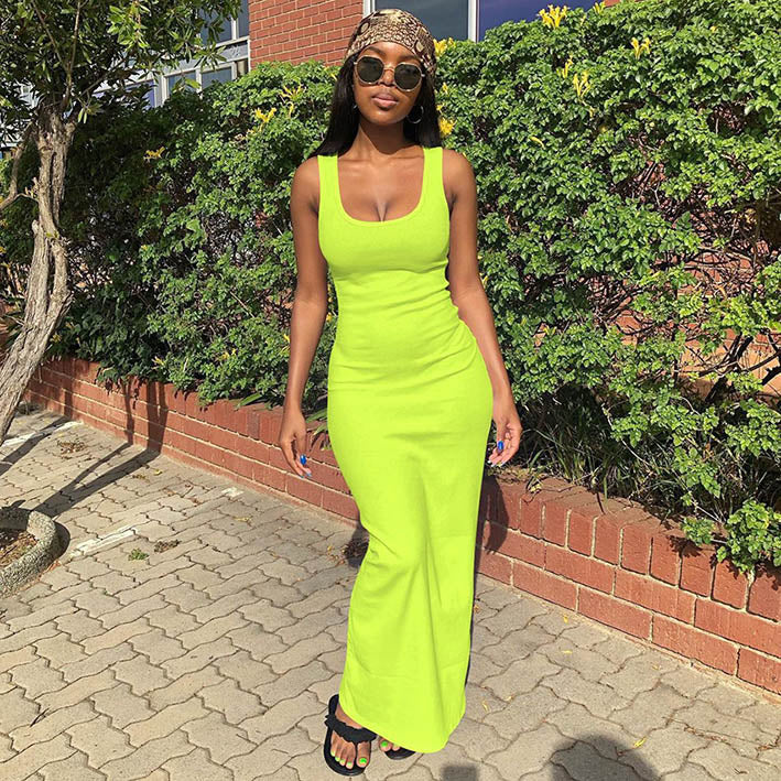Women's Sexy Solid Color Thread Sleeveless Tight Maxi Dress