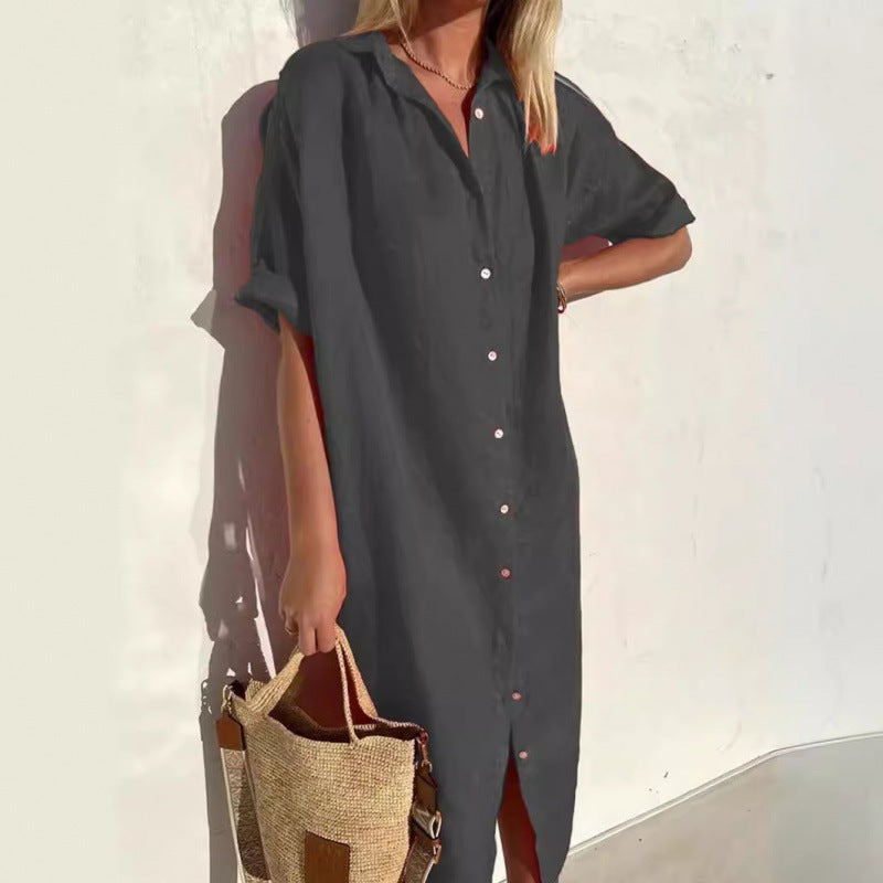 Women's Casual Cotton Linen Solid Color Short Sleeve Lapel Pocket Midi Dress