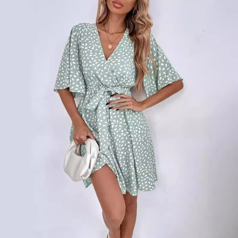 Women's Casual Printed V-Neck Short Sleeve Tight Waist A-Line Dress