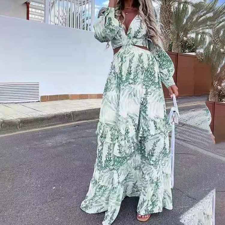Women's Vacation Bohemian V-Neck Long Sleeve Ruffled All Over Print Tiered Dress