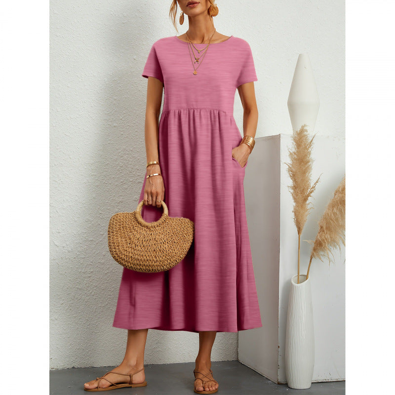 Women's Casual Summer Solid Color Ice Silk Round Neck Short Sleeve Loose Dress