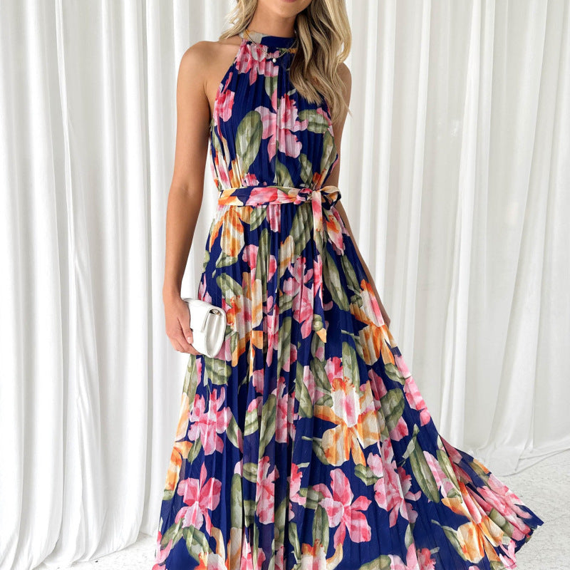 Women's Sleeveless Printed Pleated Halter Neck Maxi Dress