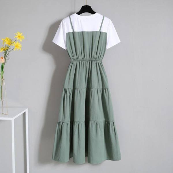 Women's Summer Fake Two-Piece Long Ruffled Short Sleeve Dress