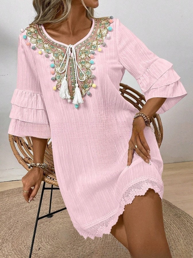 Women's Boho Vacation Multicolor Pompom Tassel Lotus Leaf Sleeve Loose Dress