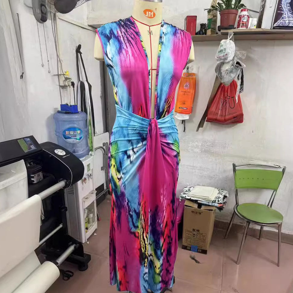 Women's Summer Sexy V-Neck Color Block Print Slim-Fit Maxi Dress
