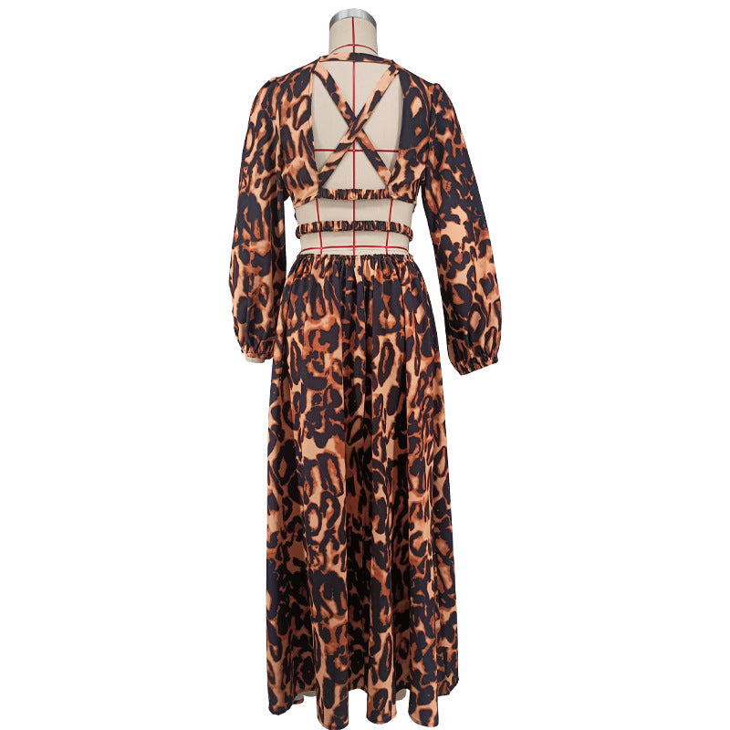 Women's Backless Leopard Printed Long Sleeve Casual Dress