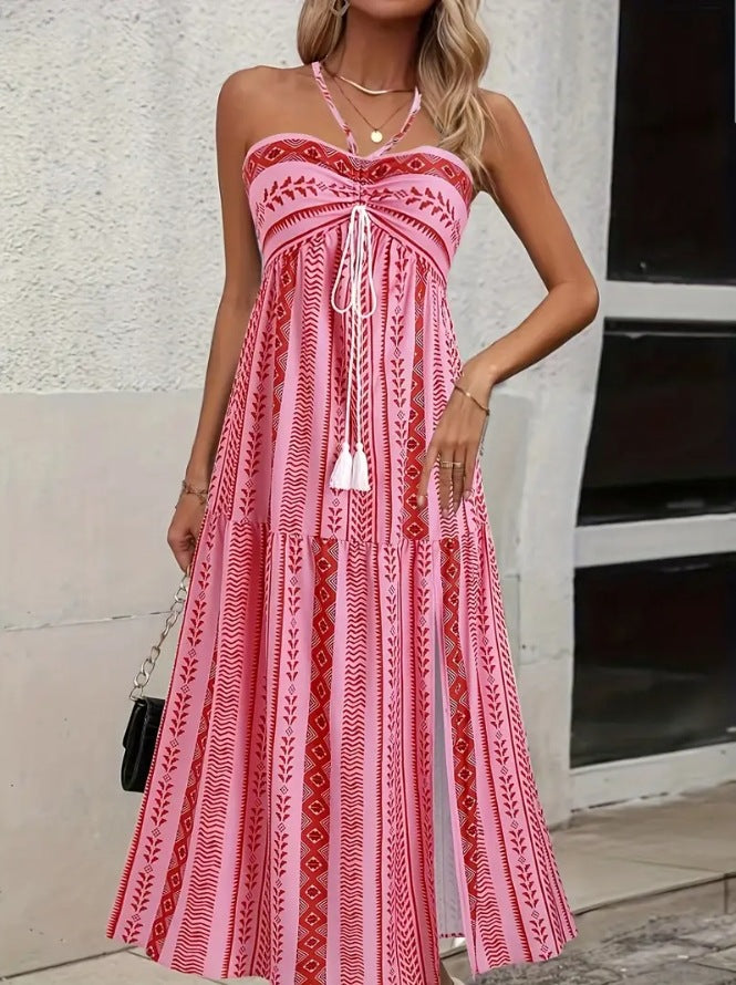 Women's Summer Boho Vacation Print Halter-Neck Lace-Up Split Dress