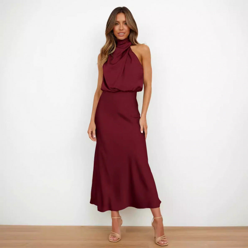 Women's Elegant Summer Solid Color Satin Sleeveless Dress
