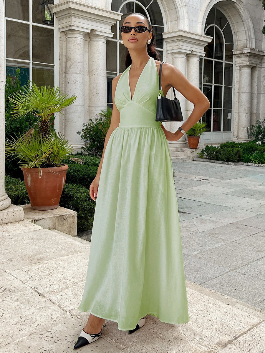 Women's Solid Color Cotton and Halter-Neck V-Neck Tight Waist Strap A-Line Dress