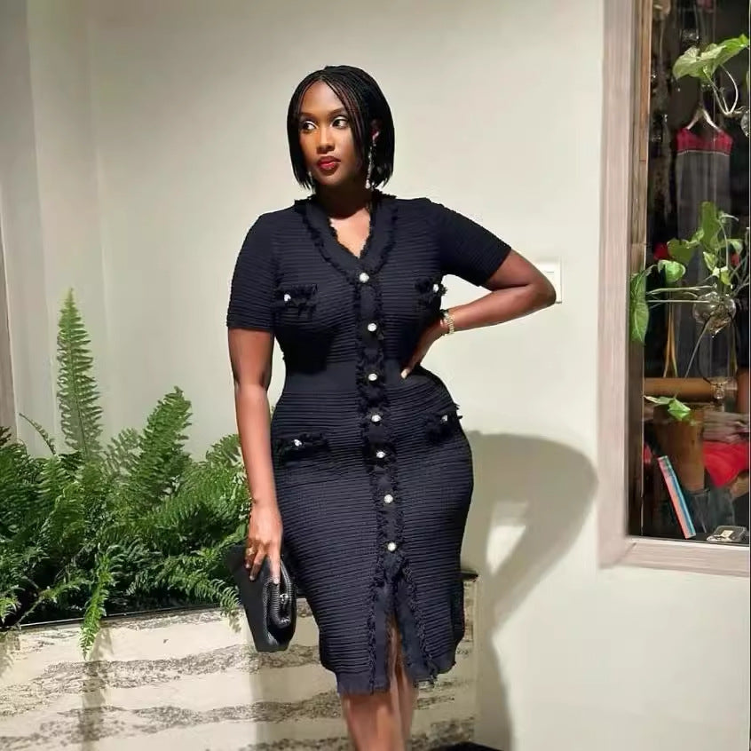 Women's Elegant V-Neck Short Sleeve Slim-Fit Knitted Dress