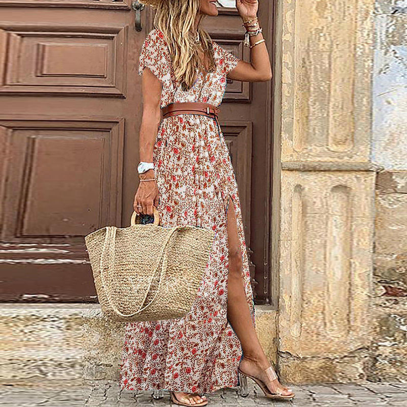 Women's Summer Boho Vacation Printed V-Neck Short Sleeve Split Dress