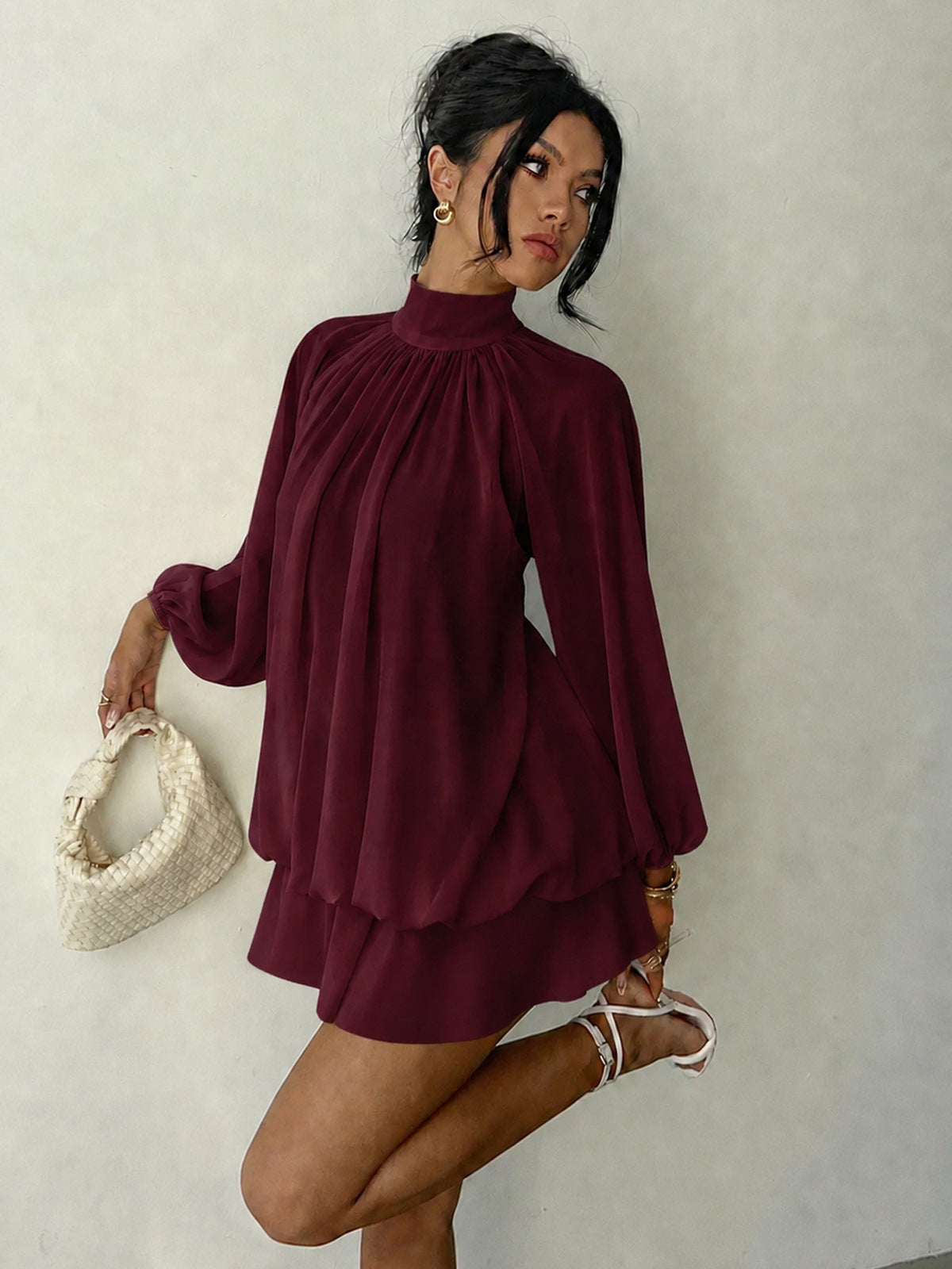 Women's Casual Solid Color Half-Turtleneck Long Sleeve Pleated Dress