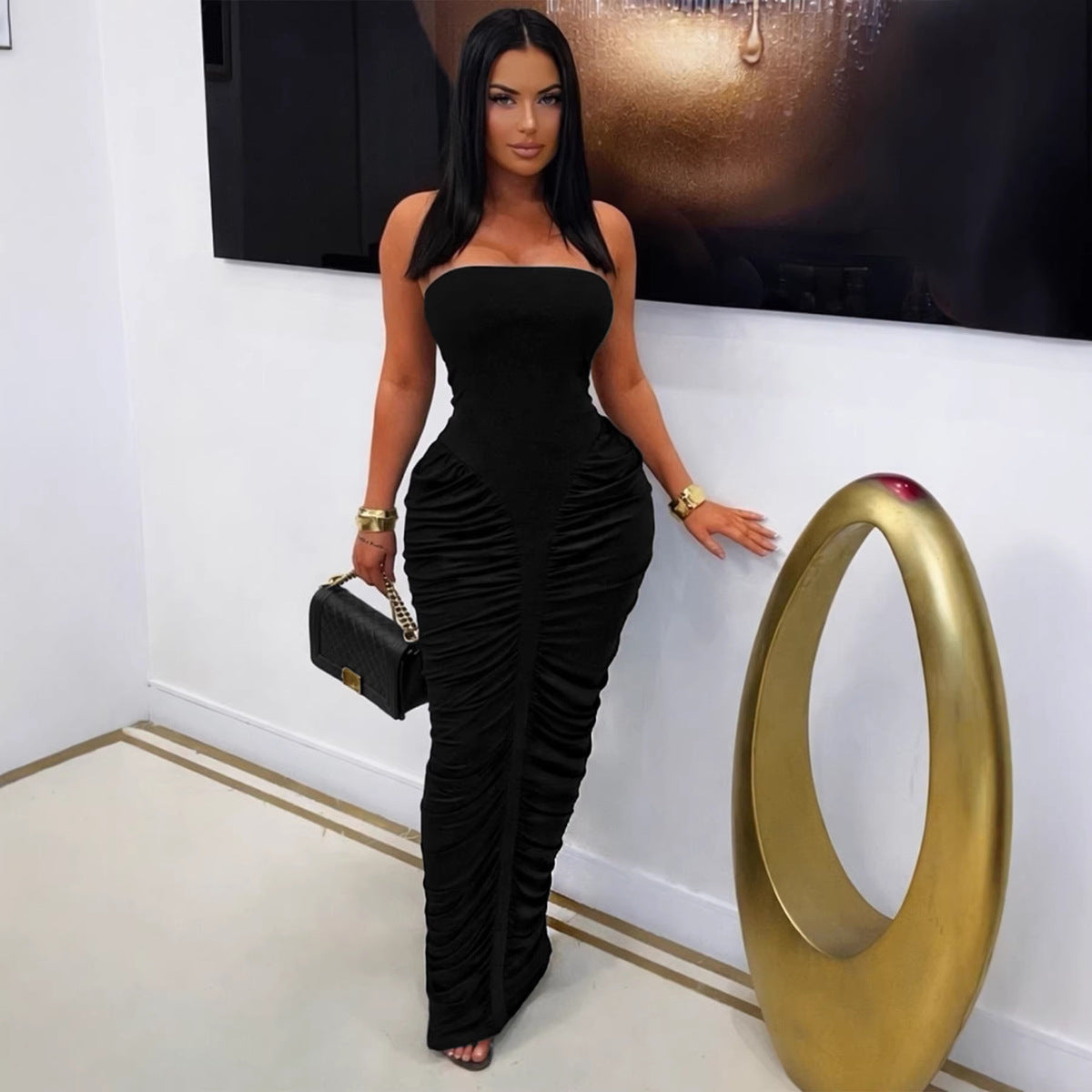 Women's Sexy Solid Color Pleated Tube Top Slim Fit Dress