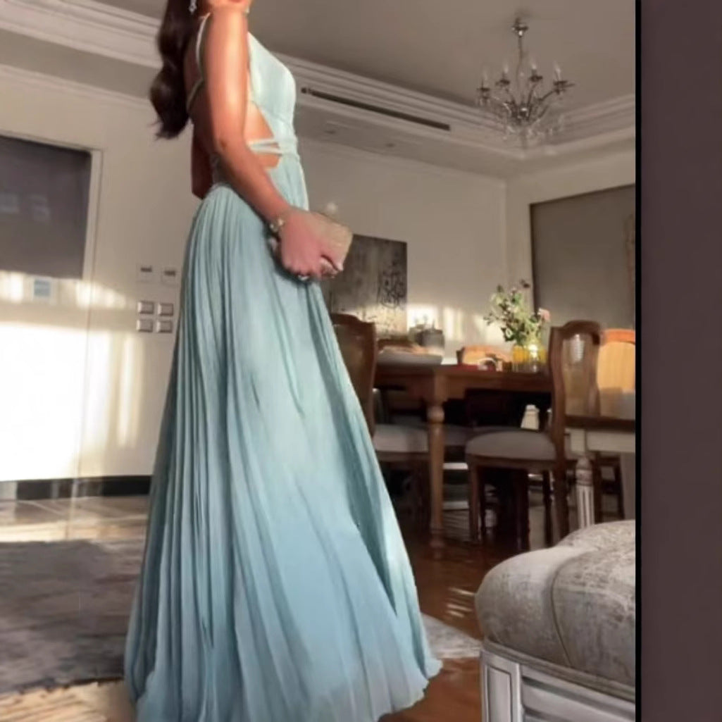 Women's Sexy Solid Color Pleated Lace-Up Sleeveless Backless Slim-Fit Maxi Dress