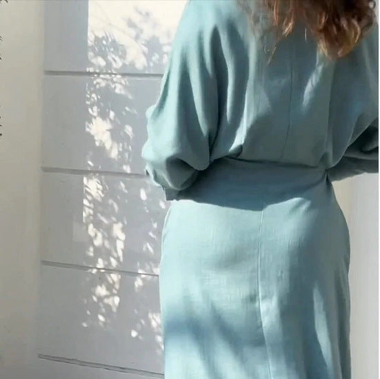 Women's Elegant Solid Color Lapel Long Sleeve Slim-Fit Midi Dress