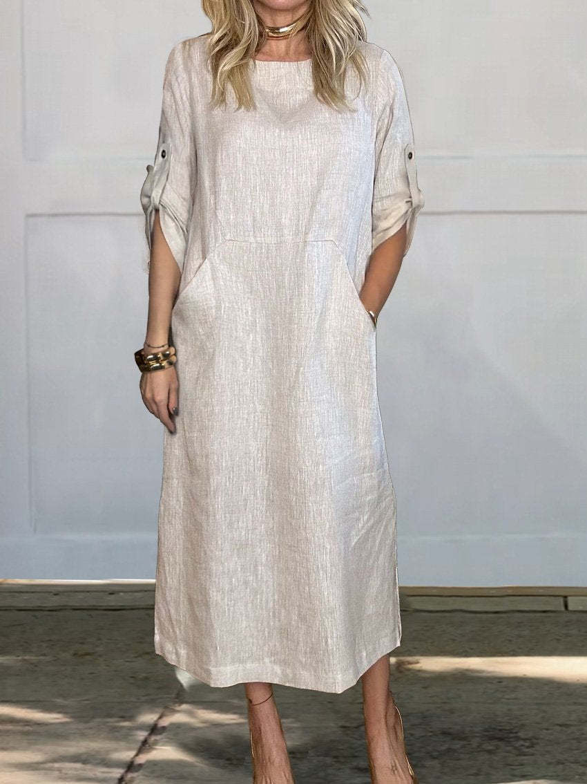 Women's Linen Solid Color Round Neck Short Sleeve Double Side Pocket Dress