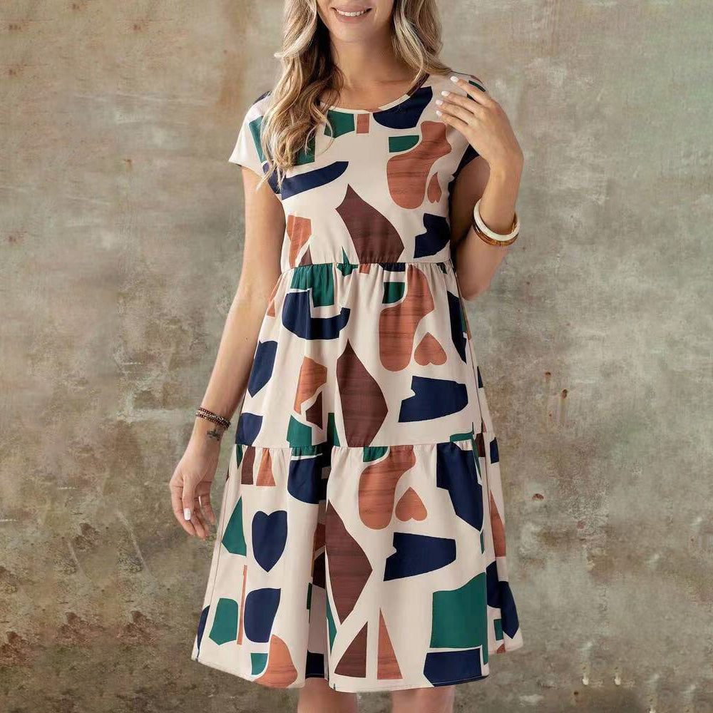 Women's Casual Printed Loose Midi Dress with Splice Skirt, Design