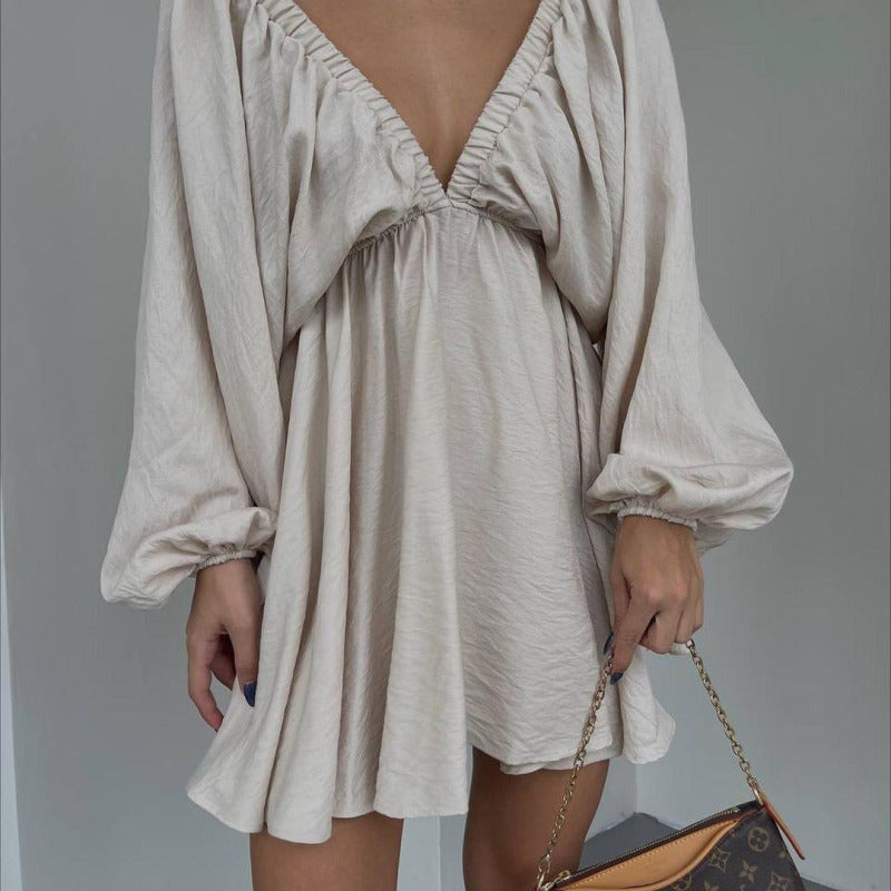 Women's Casual Solid Color V-Neck Long Sleeve Puff Sleeve Dress