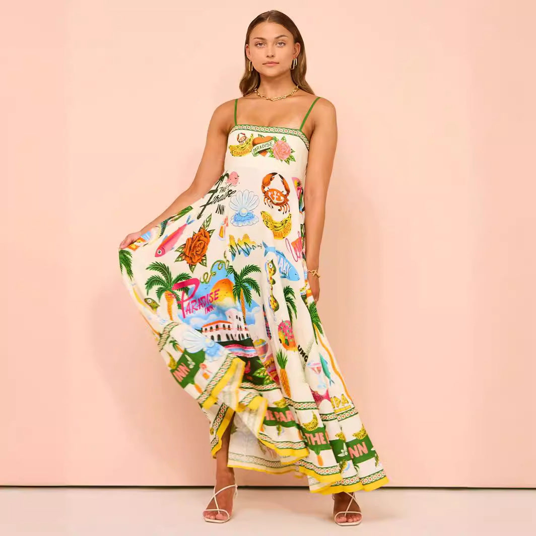 Women's Summer Casual Graffiti Print Sling Maxi Dress