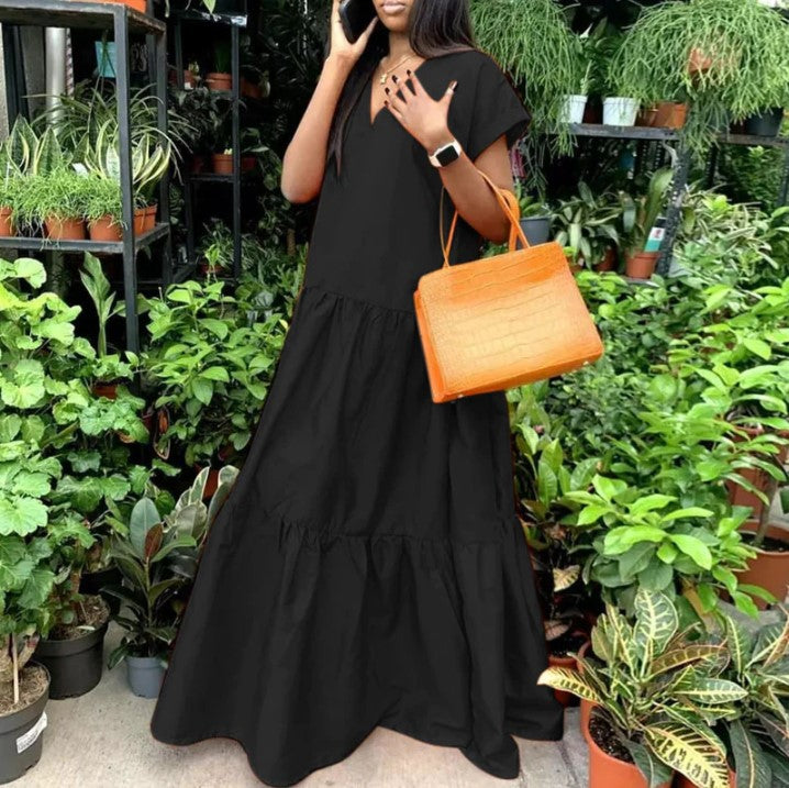 Women's Casual Solid Color V-Neck Short Sleeve Maxi Dress