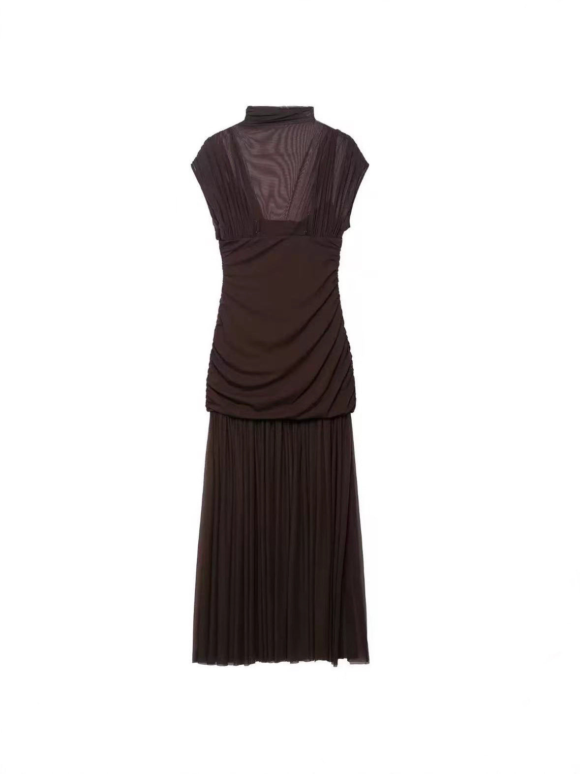 Women's Sexy Silk Mesh Double-Layer Pleated Slim-Fit Maxi Dress