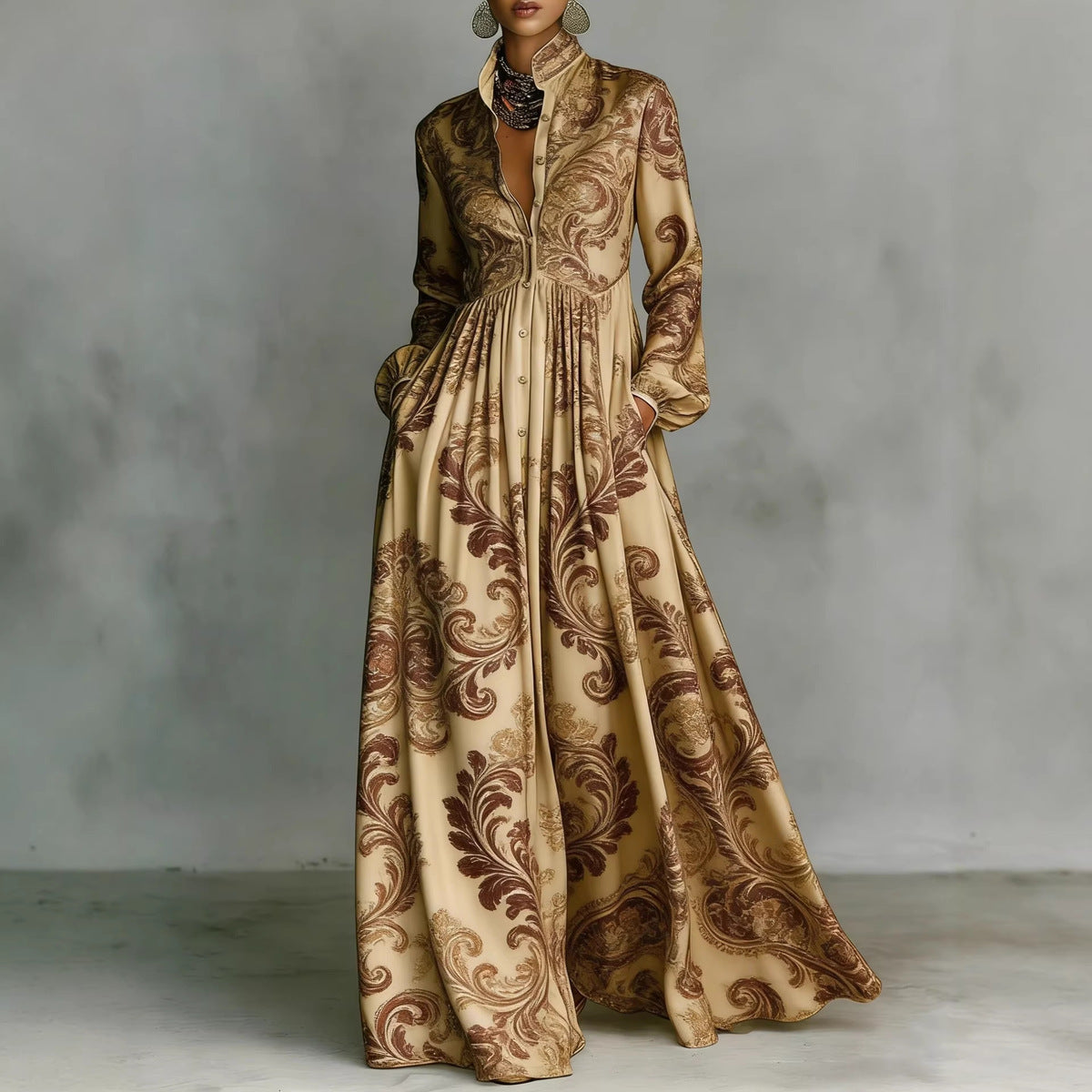 Women's Vacation Casual Elegant Printed Long Sleeve Single-Breasted Maxi Dress