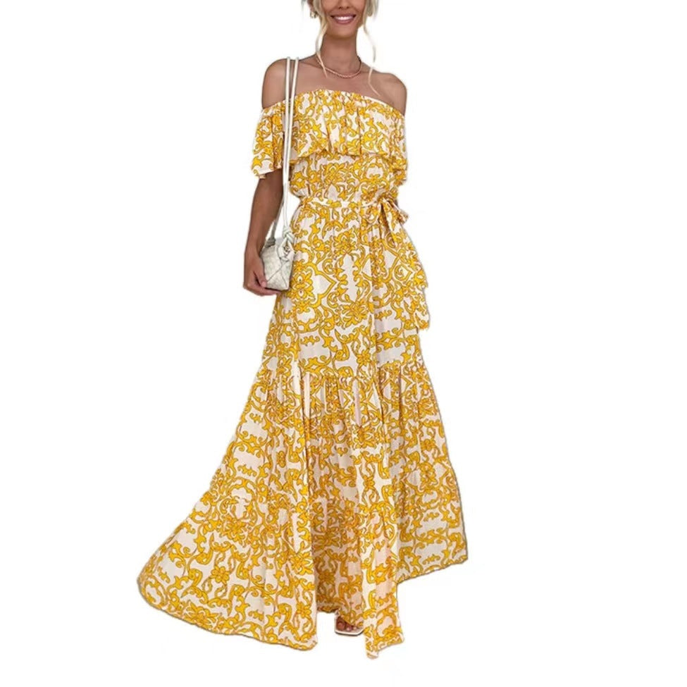 Women's Summer Printed Off-Shoulder Short Sleeve Ruffle Long Dress