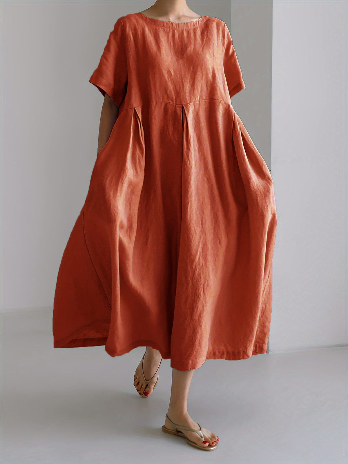 Women's Casual Solid Color Cotton and Linen Round Neck Short Sleeve Loose Dress