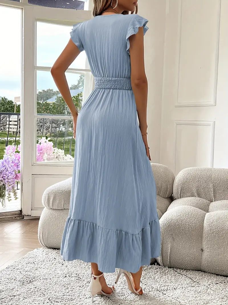Women's Casual Summer Solid Color V-Neck Short Sleeve A-Line Dress