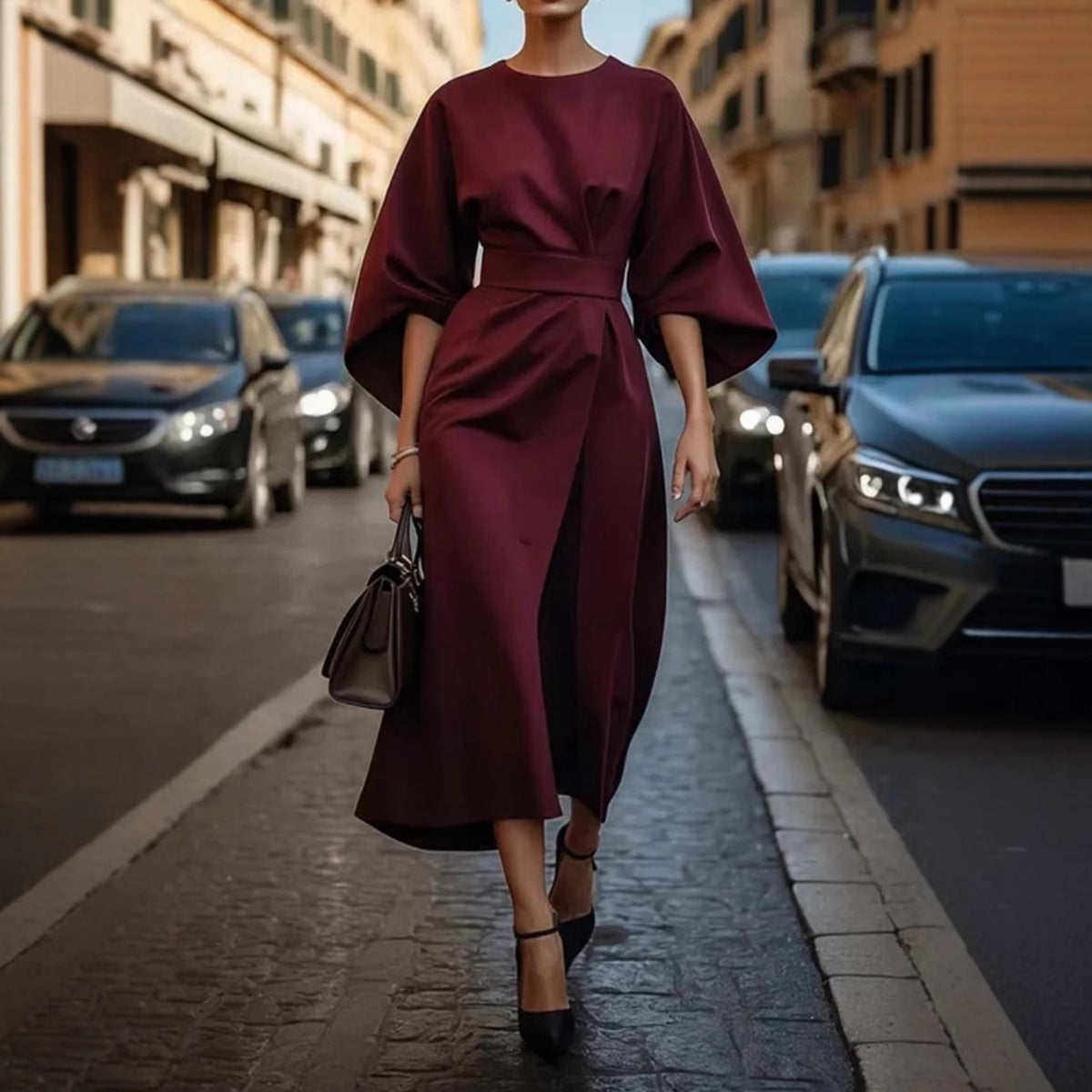 Women's Elegant Solid Color High Waist Bat Sleeve Dress