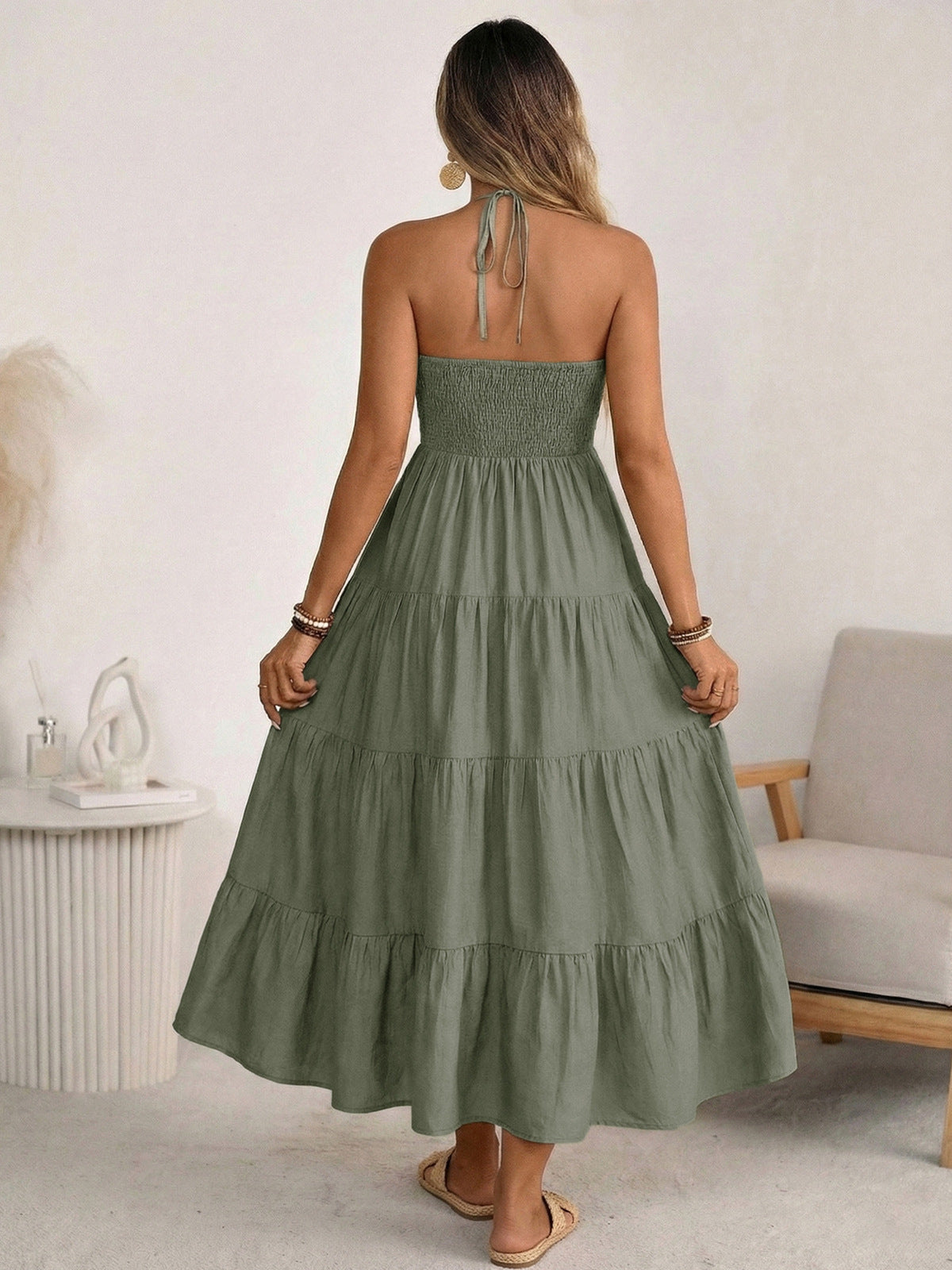 Women's Sexy Summer Boho Vacation Solid Color Halter-Neck Backless Loose Dress