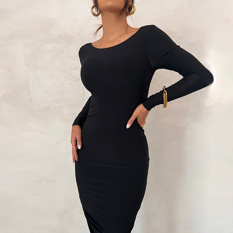 Women's Solid Color Sexy Backless Creased Slim Long Sleeve Maxi Dress