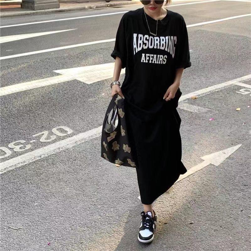 Women's Casual Loose Crewneck Alphabet Print Maxi Dress