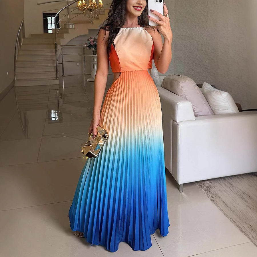 Women's Sexy Gradient Pleated Sleeveless Backless Loose Maxi Dress