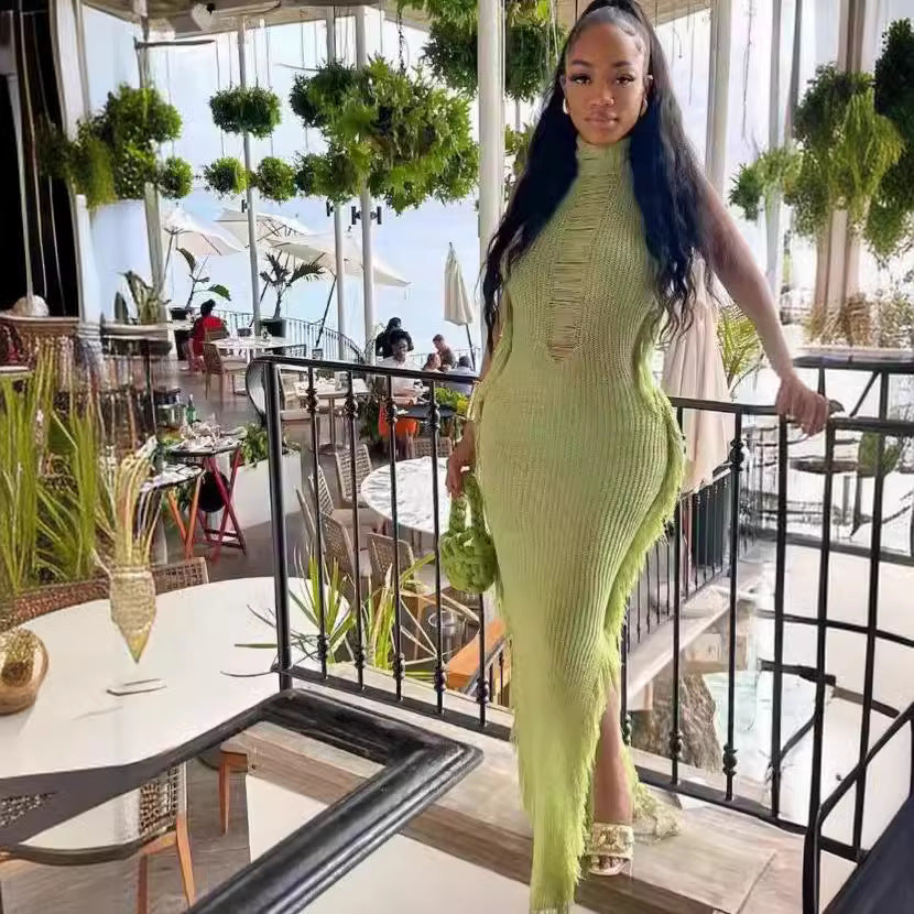 Women's Sexy Solid Color Tassel Split Knit Sleeveless Maxi Dress