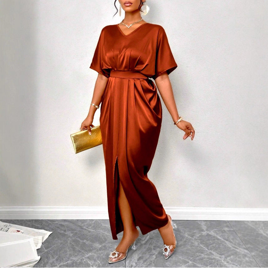 Women's Elegant Solid Color Satin V-Neck Short Sleeve Waist Dress