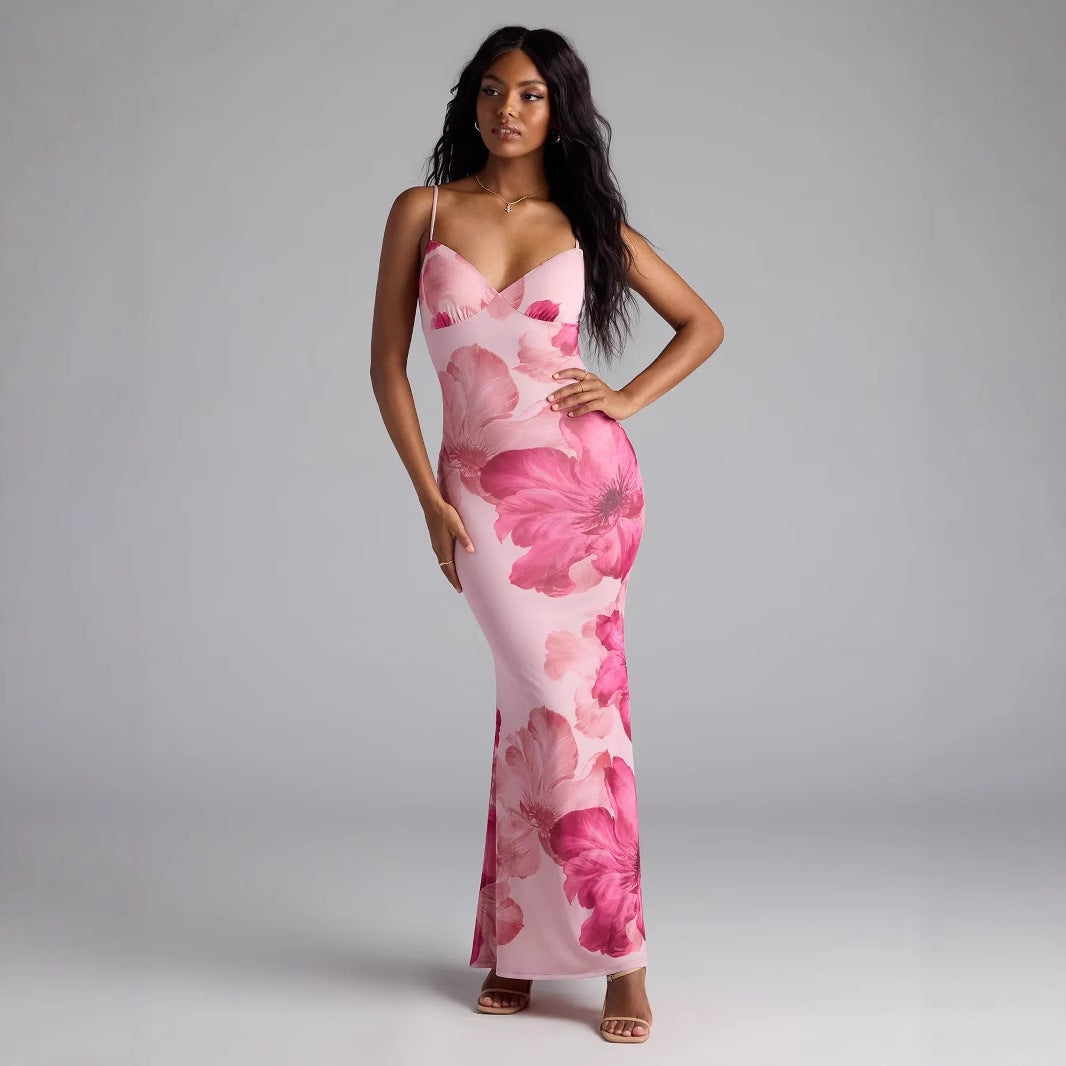 Women's Sexy Backless Spaghetti Strap V-Neck Flower Printed Dress