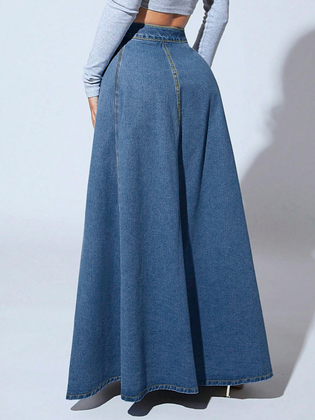 Women's Single-Breasted Denim A-Line Skirt Style Long Dress