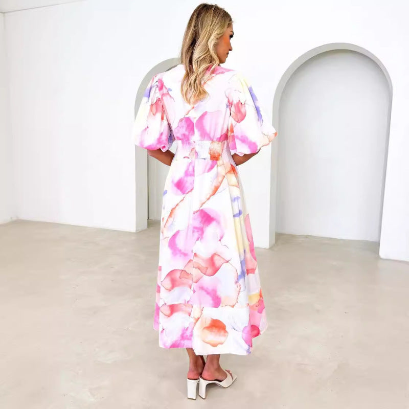 Women's Vacation Casual Floral Print Puff Sleeve Maxi Dress
