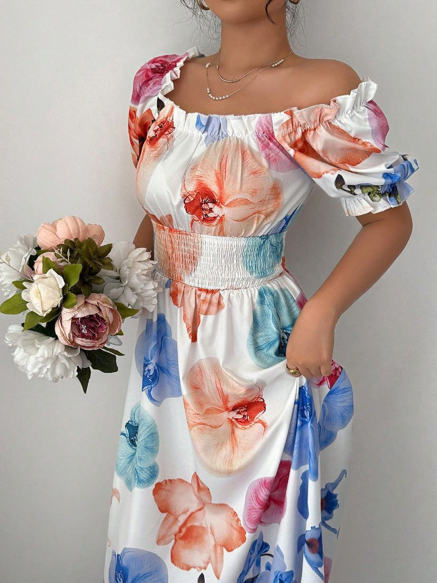 Women's Elegant Floral Printed Bubble Sleeve Square Neck Loose Dress