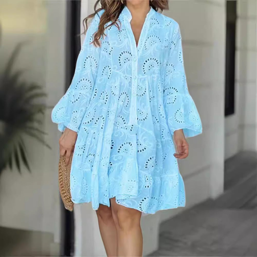 Women's Casual Cotton Princess Dress V-Neck Hollow Midi Dress