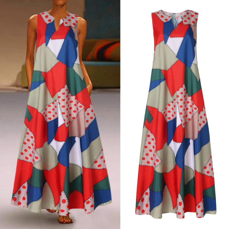 Women's Boho V-Neck Sleeveless Retro Print Color Block Stitching Maxi Dress