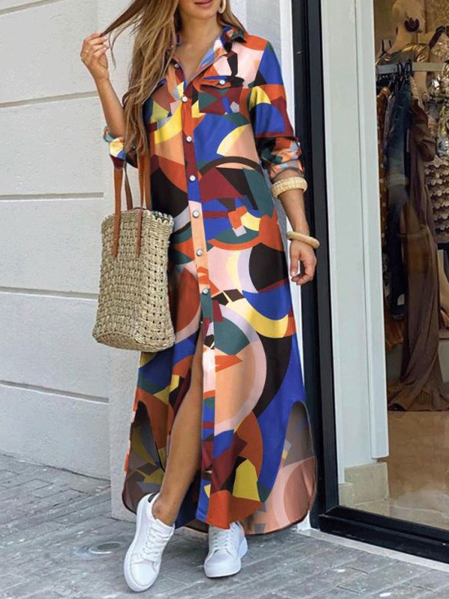 Women's Spring and Summer Camouflage Printed Lapel Long Sleeve Loose Dress